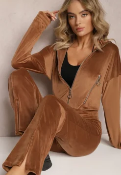 Brązowy Welurowy Komplet Dresowy z Bluzą i Spodniami Lunamea