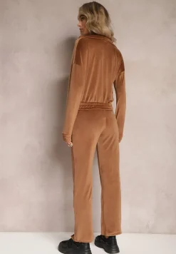 Brązowy Welurowy Komplet Dresowy z Bluzą i Spodniami Lunamea