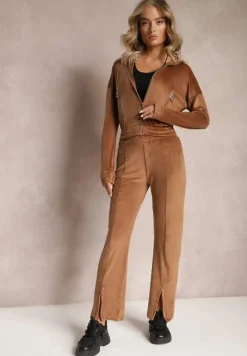 Brązowy Welurowy Komplet Dresowy z Bluzą i Spodniami Lunamea