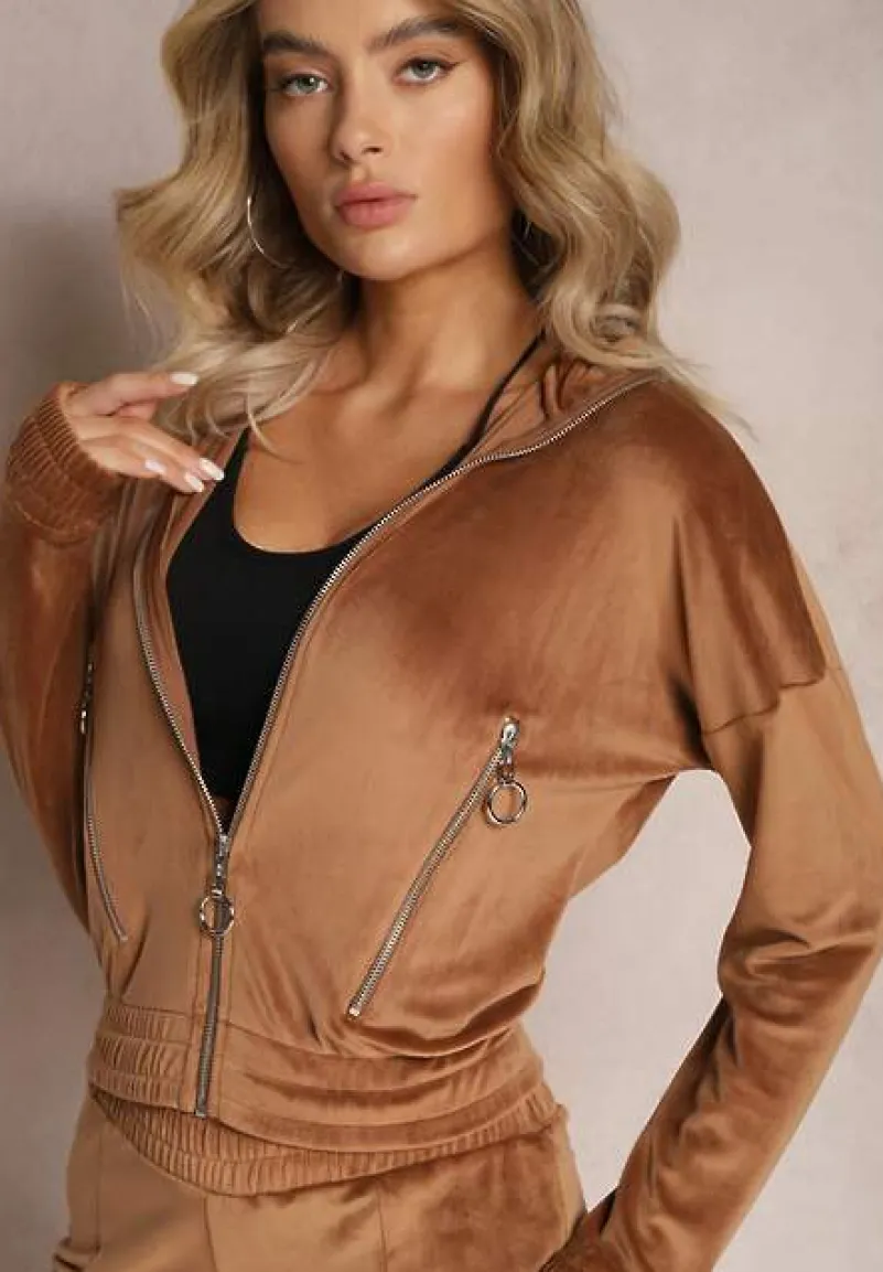 Brązowy Welurowy Komplet Dresowy z Bluzą i Spodniami Lunamea