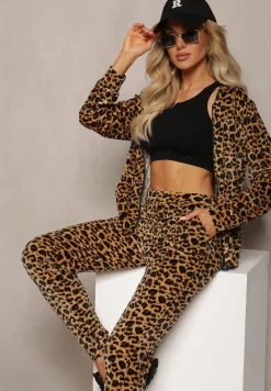 Brązowy Welurowy Komplet Dresowy 2-Częściowy Bluza z Kapturem i Spodnie Dopasowane z Kieszeniami Kardasa