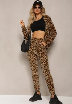 Brązowy Welurowy Komplet Dresowy 2-Częściowy Bluza z Kapturem i Spodnie Dopasowane z Kieszeniami Kardasa