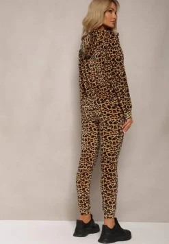 Brązowy Welurowy Komplet Dresowy 2-Częściowy Bluza z Kapturem i Spodnie Dopasowane z Kieszeniami Kardasa