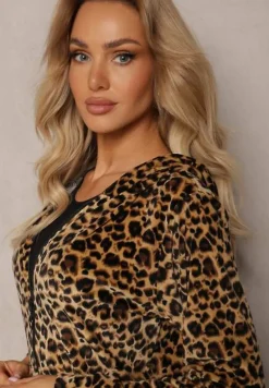 Brązowy Welurowy Komplet Dresowy 2-Częściowy Bluza z Kapturem i Spodnie Dopasowane z Kieszeniami Kardasa