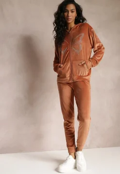 Brązowy Welurowy Komplet Dresowy w Cyrkonie Athania