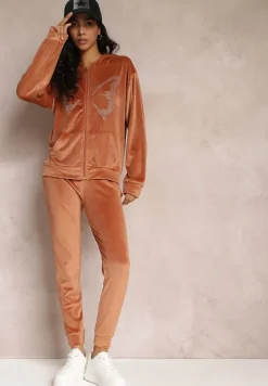 Brązowy Welurowy Komplet Dresowy w Cyrkonie Athania