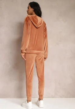Brązowy Welurowy Komplet Dresowy w Cyrkonie Athania