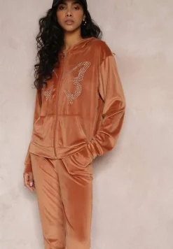 Brązowy Welurowy Komplet Dresowy w Cyrkonie Athania