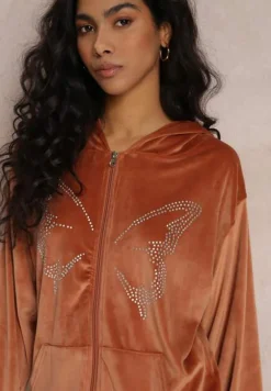 Brązowy Welurowy Komplet Dresowy w Cyrkonie Athania