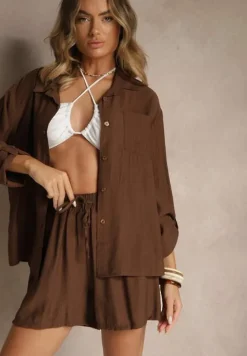 Brązowy Wiskozowy Komplet Koszula i Szorty Luźne Efrone