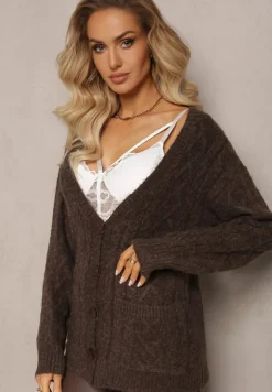 Brązowy Zapinany Kardigan z Trójkątnym Dekoltem i Warkoczykowy Splot Juessa