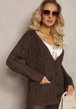 Brązowy Zapinany Kardigan z Trójkątnym Dekoltem i Warkoczykowy Splot Juessa