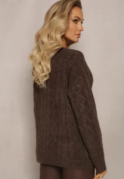 Brązowy Zapinany Kardigan z Trójkątnym Dekoltem i Warkoczykowy Splot Juessa