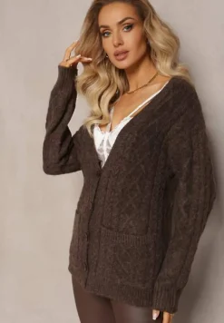 Brązowy Zapinany Kardigan z Trójkątnym Dekoltem i Warkoczykowy Splot Juessa