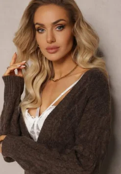 Brązowy Zapinany Kardigan z Trójkątnym Dekoltem i Warkoczykowy Splot Juessa