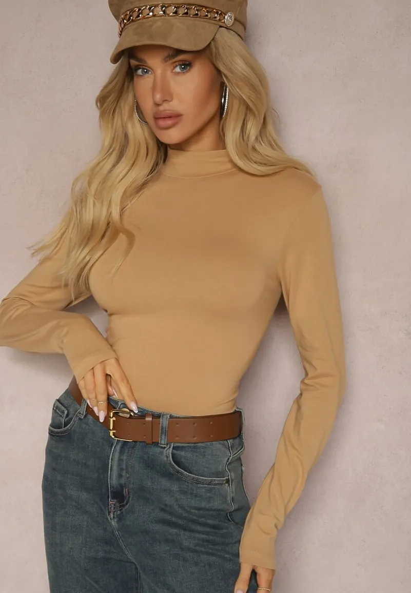 Ciemnobeżowa Bawełniana Bluzka Typu Longsleeve z Półgolfem Riata