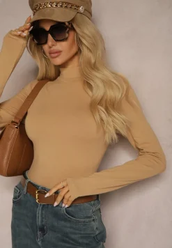 Ciemnobeżowa Bawełniana Bluzka Typu Longsleeve z Półgolfem Riata