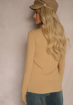 Ciemnobeżowa Bawełniana Bluzka Typu Longsleeve z Półgolfem Riata