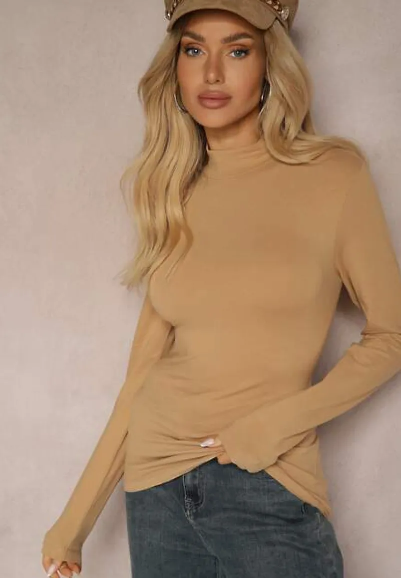 Ciemnobeżowa Bawełniana Bluzka Typu Longsleeve z Półgolfem Riata