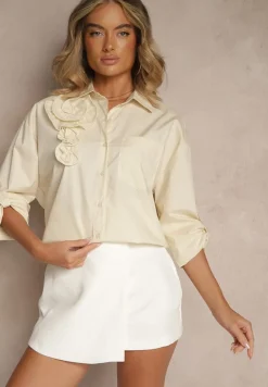 Ciemnobeżowa Bawełniana Koszula z Kwiatową Aplikacją 3D Dolianis