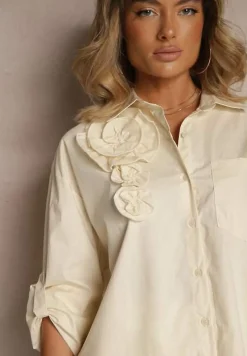 Ciemnobeżowa Bawełniana Koszula z Kwiatową Aplikacją 3D Dolianis