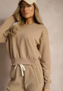 Ciemnobeżowa Bluza z Bawełną ze Ściągaczami przy Rękawach i w Pasie Alberia