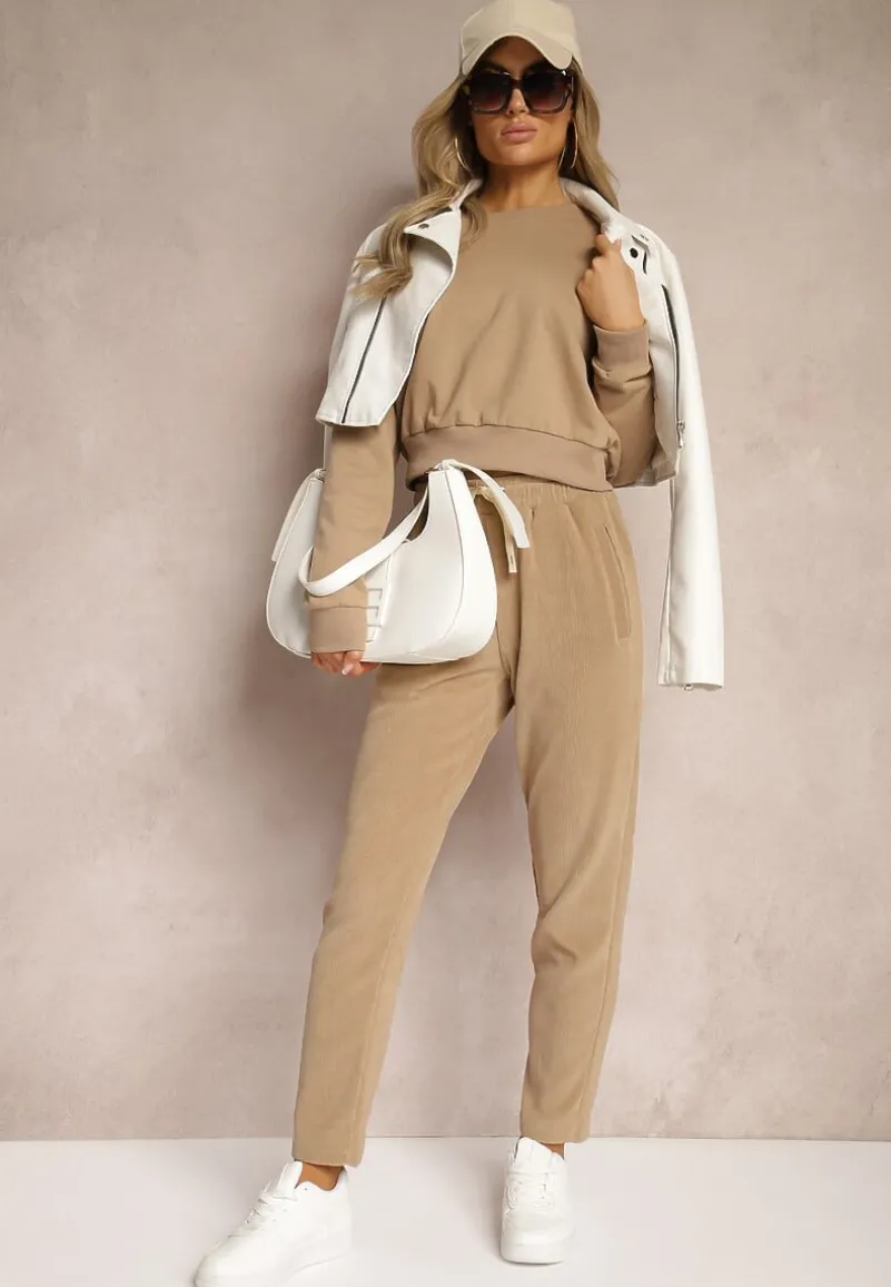 Ciemnobeżowa Bluza z Bawełną ze Ściągaczami przy Rękawach i w Pasie Alberia