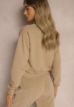 Ciemnobeżowa Bluza z Bawełną ze Ściągaczami przy Rękawach i w Pasie Alberia