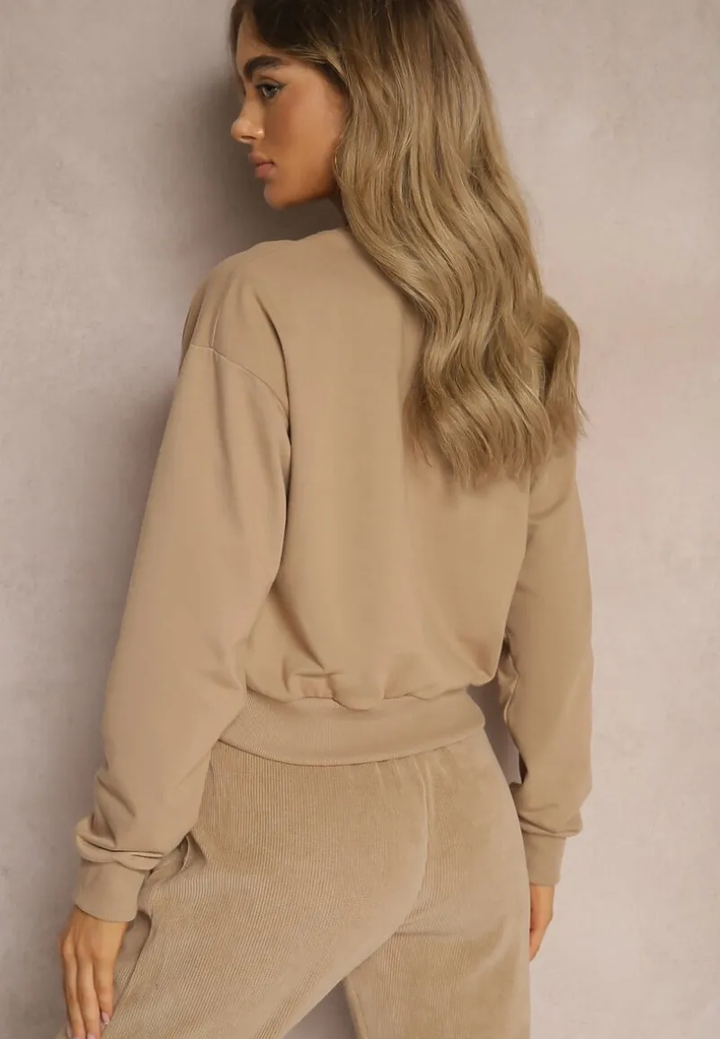 Ciemnobeżowa Bluza z Bawełną ze Ściągaczami przy Rękawach i w Pasie Alberia