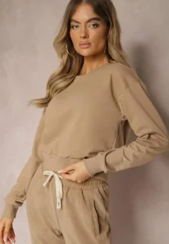 Ciemnobeżowa Bluza z Bawełną ze Ściągaczami przy Rękawach i w Pasie Alberia