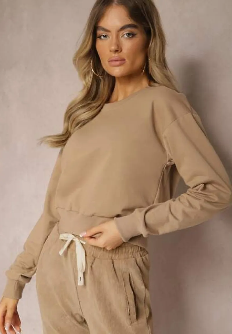 Ciemnobeżowa Bluza z Bawełną ze Ściągaczami przy Rękawach i w Pasie Alberia