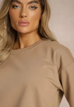 Ciemnobeżowa Bluza z Bawełną ze Ściągaczami przy Rękawach i w Pasie Alberia
