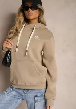 Ciemnobeżowa Bluza z Bawełną i Kapturem Ozdobiona Sznurkami Basaria