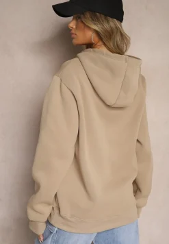 Ciemnobeżowa Bluza z Bawełną i Kapturem Ozdobiona Sznurkami Basaria