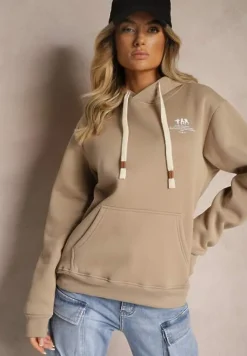 Ciemnobeżowa Bluza z Bawełną i Kapturem Ozdobiona Sznurkami Basaria