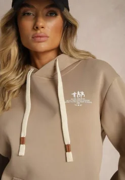 Ciemnobeżowa Bluza z Bawełną i Kapturem Ozdobiona Sznurkami Basaria