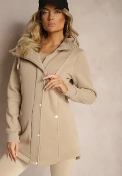 Ciemnobeżowa Bluza z Dodatkiem Bawełny o Długim Kroju z Kapturem Zapinana na Napy Coriora