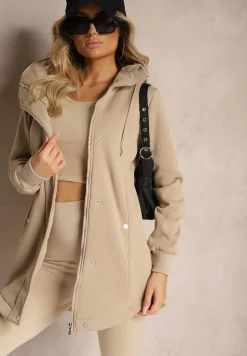 Ciemnobeżowa Bluza z Dodatkiem Bawełny o Długim Kroju z Kapturem Zapinana na Napy Coriora