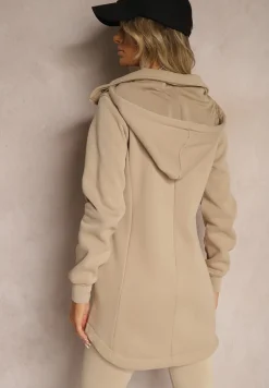 Ciemnobeżowa Bluza z Dodatkiem Bawełny o Długim Kroju z Kapturem Zapinana na Napy Coriora