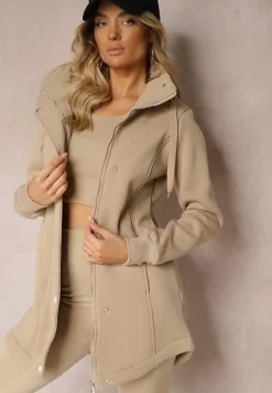 Ciemnobeżowa Bluza z Dodatkiem Bawełny o Długim Kroju z Kapturem Zapinana na Napy Coriora