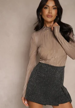 Ciemnobeżowa Bluzka Półgolf z Wiskozą Ozdobiona Paskami Liladi