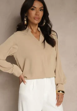 Ciemnobeżowa Bluzka z Dekoltem w Kształcie Litery V Zdobionym Falbanką Davissia
