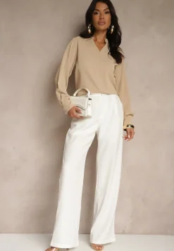 Ciemnobeżowa Bluzka z Dekoltem w Kształcie Litery V Zdobionym Falbanką Davissia