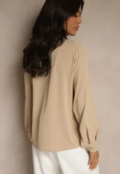 Ciemnobeżowa Bluzka z Dekoltem w Kształcie Litery V Zdobionym Falbanką Davissia
