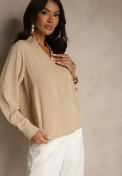 Ciemnobeżowa Bluzka z Dekoltem w Kształcie Litery V Zdobionym Falbanką Davissia