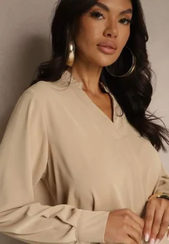 Ciemnobeżowa Bluzka z Dekoltem w Kształcie Litery V Zdobionym Falbanką Davissia