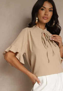 Ciemnobeżowa Bluzka z Falbanami i Wiązaniem Fadeassa
