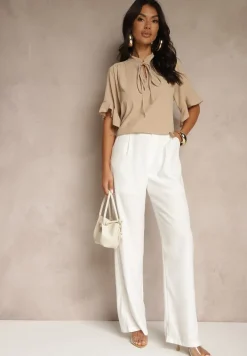 Ciemnobeżowa Bluzka z Falbanami i Wiązaniem Fadeassa