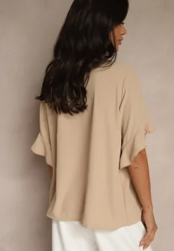 Ciemnobeżowa Bluzka z Falbanami i Wiązaniem Fadeassa