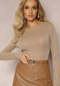 Ciemnobeżowa Bluzka z Ozdobną Metaliczną Nicią i Długim Rękawem Aniango